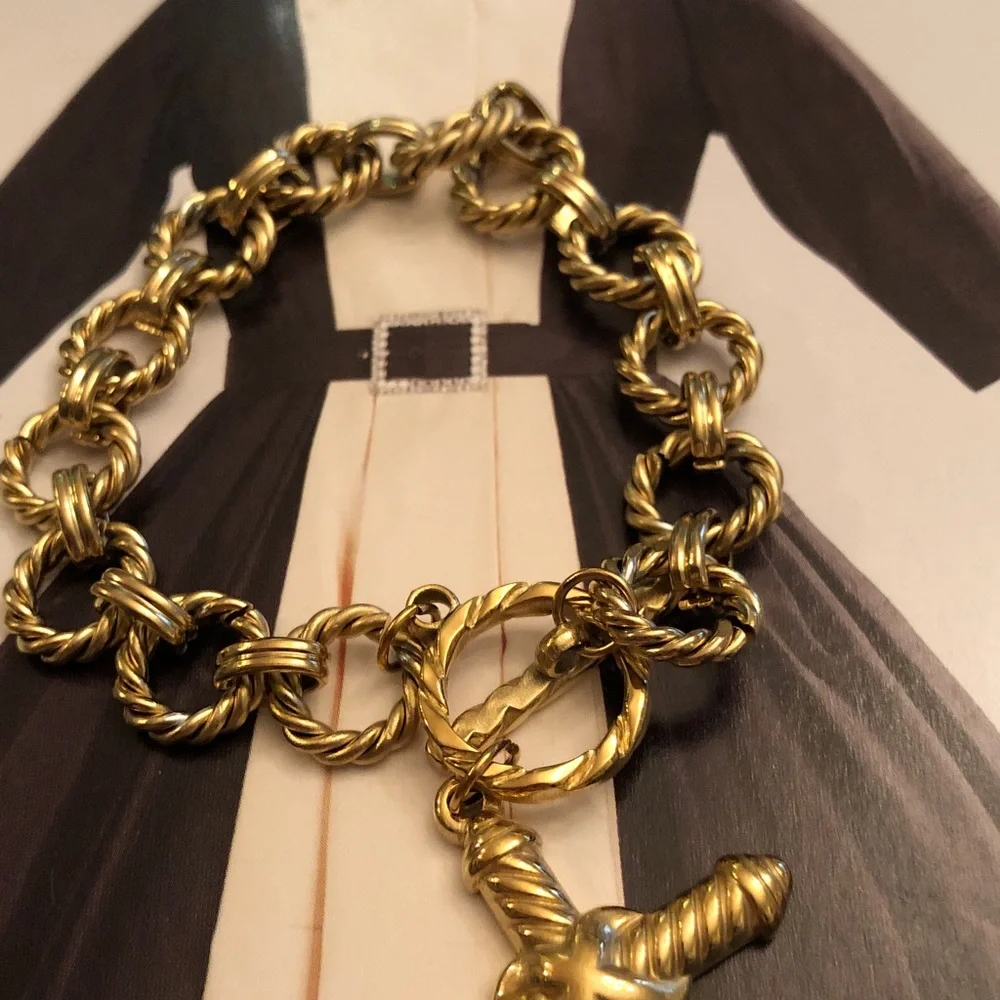 NWOT Boutique Gold-Tone Rope Link Toggle Bracelet with Cross Charm